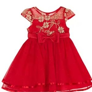 Rare Editions Embroidered Glitter Tulle Skirt Ribbon Dress